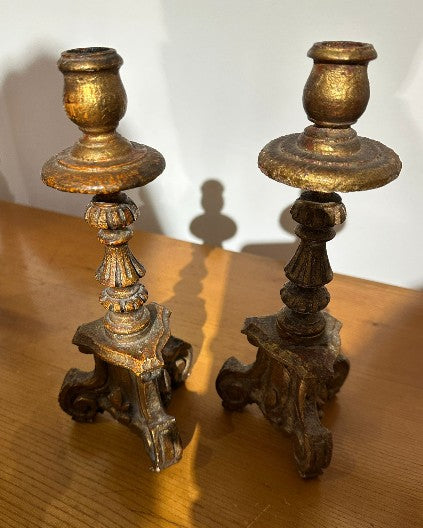 Pair of Candlesticks in Wood 19th Copper Leaves