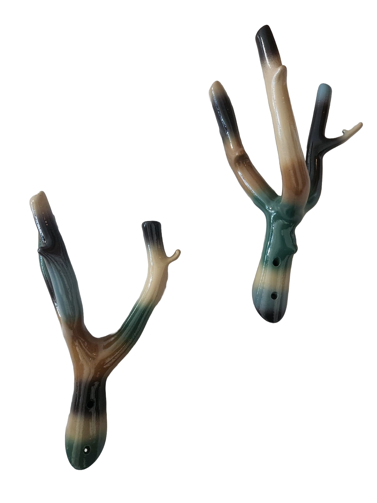 Set of 2 Handpainted Hooks - Medium / Camel and Blue