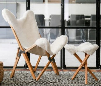 Sheepskin Wooden Chair and Ottoman