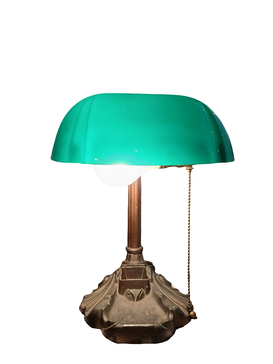 Lamp - Cast Iron and Green Glass Desk Lamp