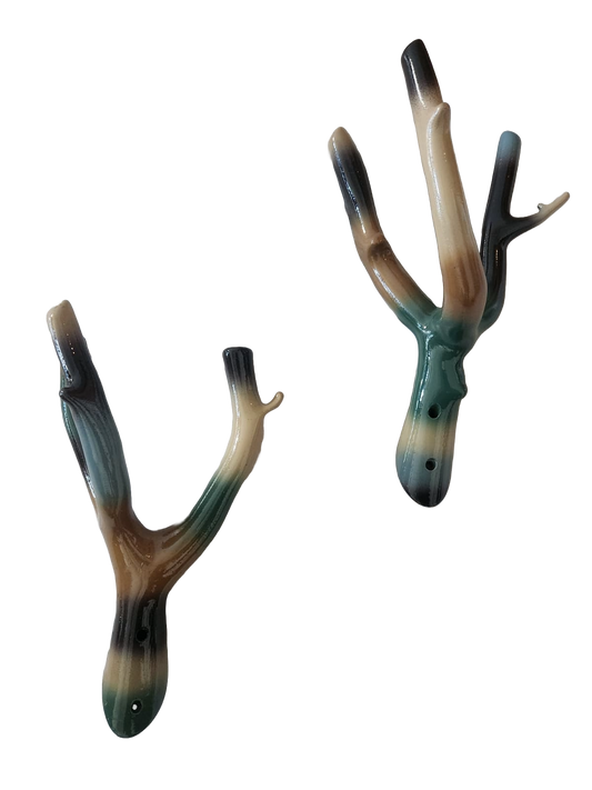 Set of 2 Handpainted Hooks - Medium / Camel and Blue