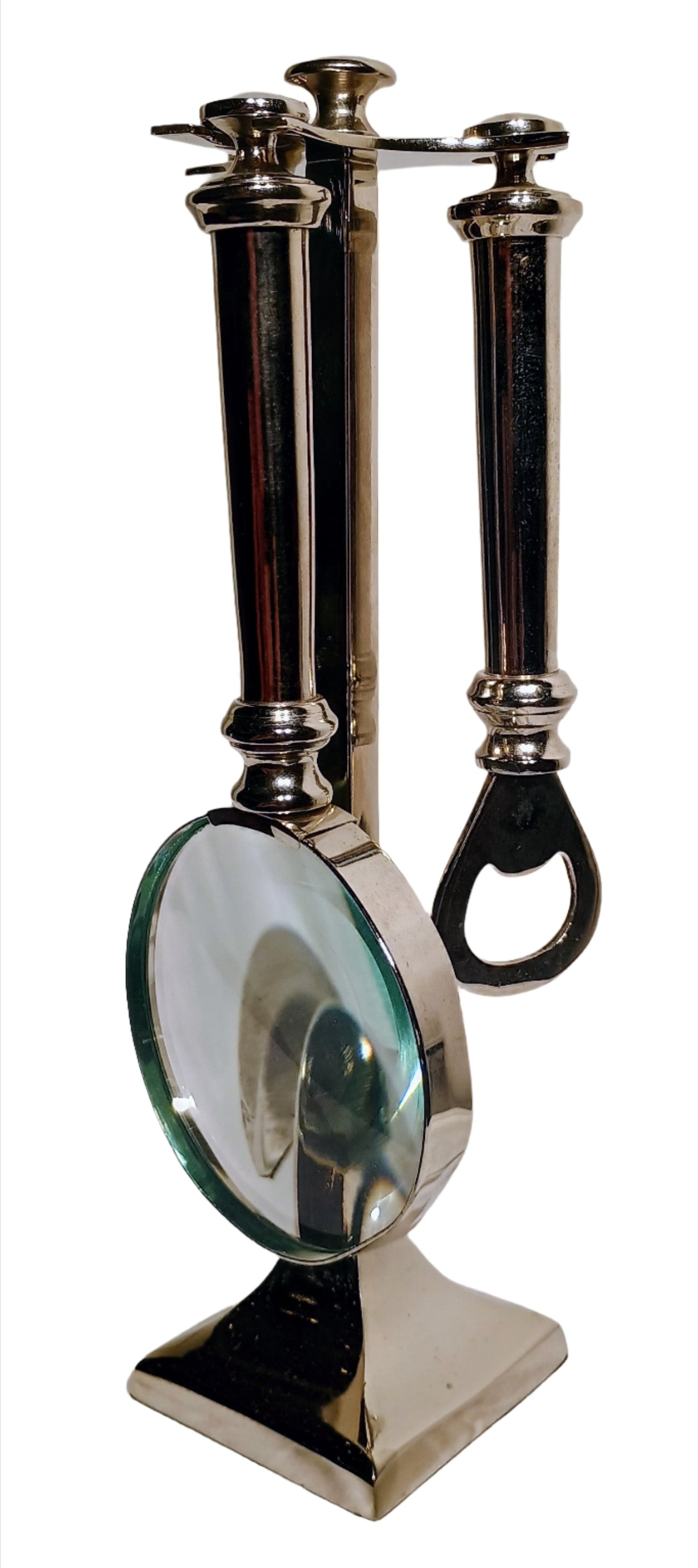 Office Instrument Set - Silver Letter Opener, Magnifying Glass, and Bottle Opener with Stand