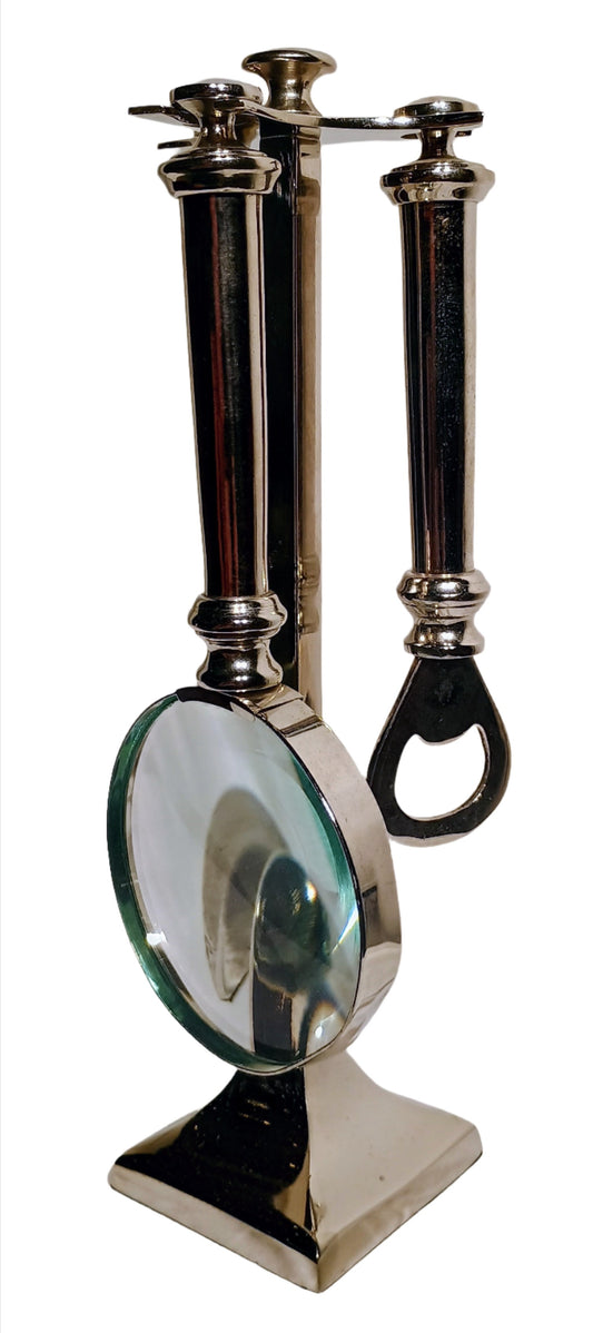 Office Instrument Set - Silver Letter Opener, Magnifying Glass, and Bottle Opener with Stand