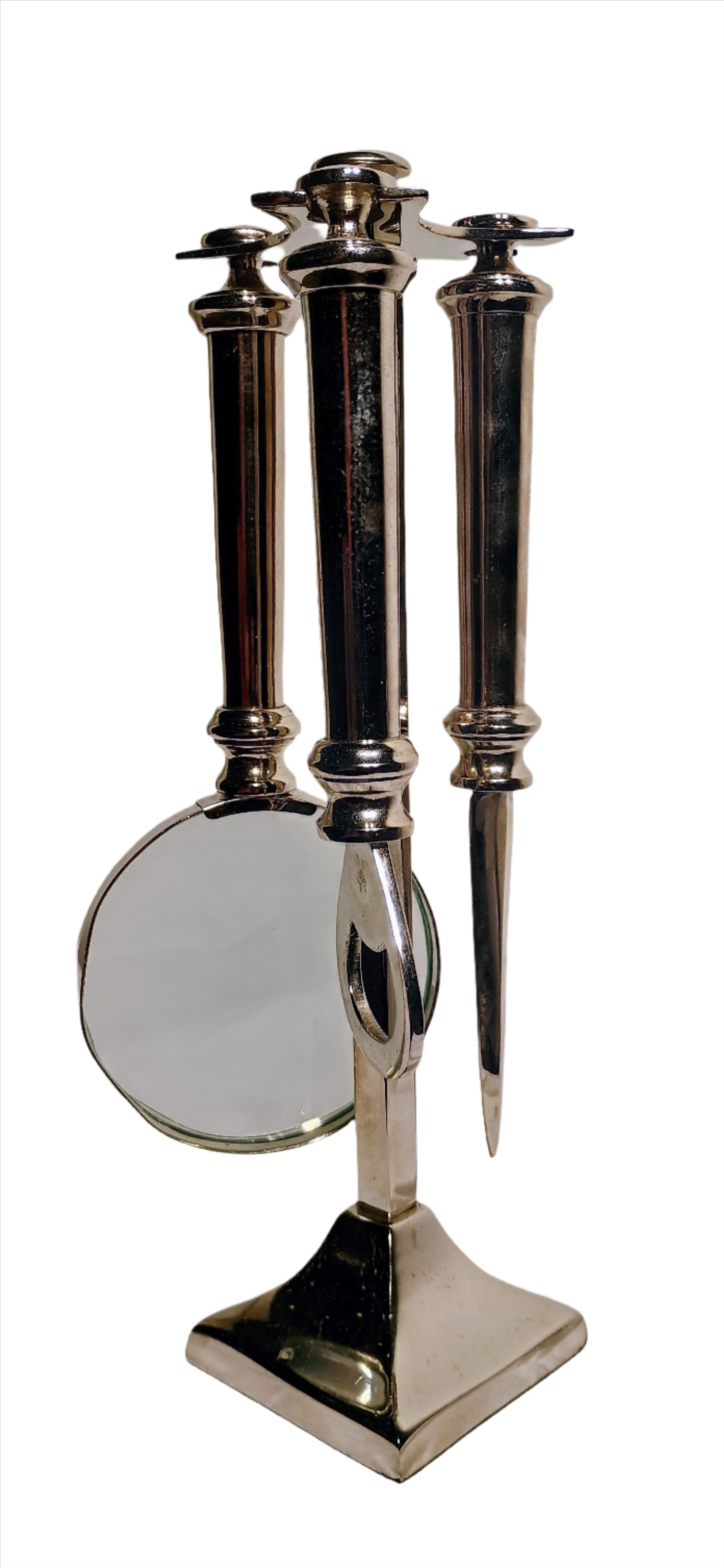 Office Instrument Set - Silver Letter Opener, Magnifying Glass, and Bottle Opener with Stand